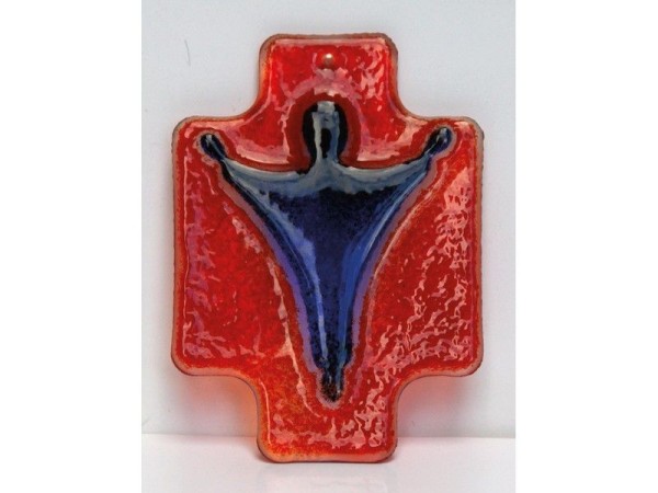 Glaskreuz erhaben 10 x 7 cm, rot mit Korpus blau-Copy