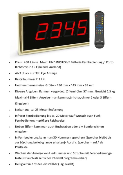 Liednummernanzeige nr 1 ALTERNATIVE ANGEBOTE günstig